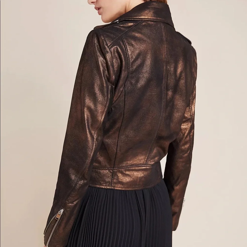 NWT $595 Lamarque Donna Metallic Leather Moto Jacket XS Z147-14 - Picture 4 of 9